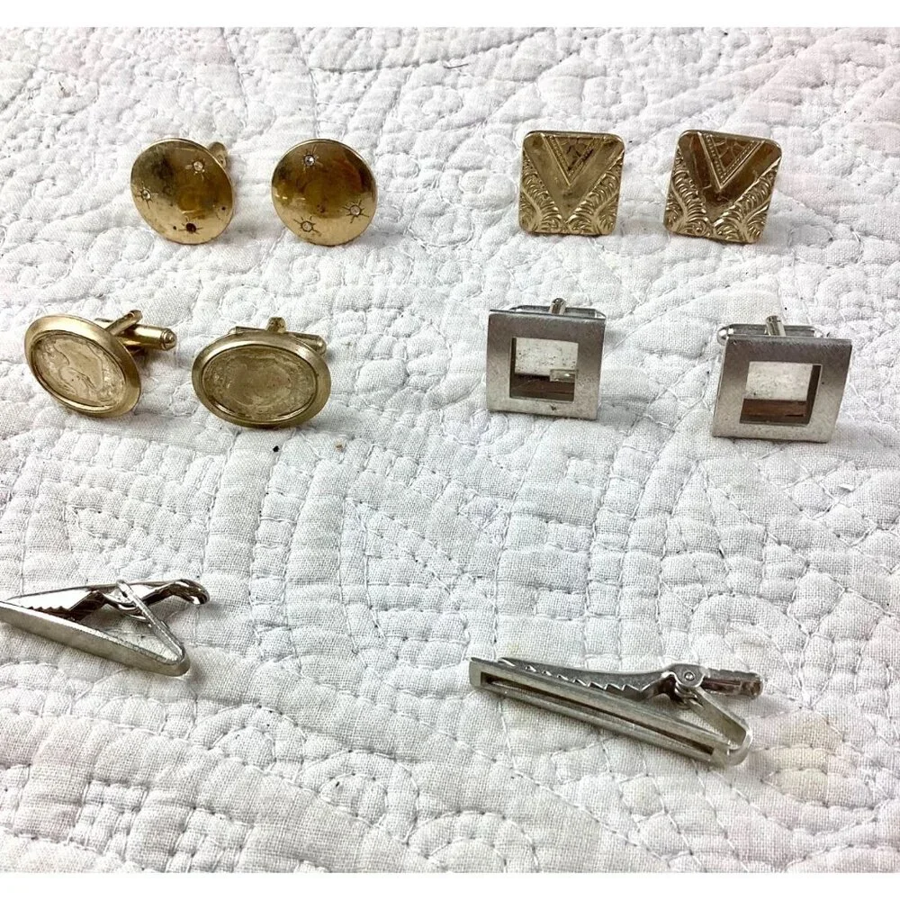 4 pairs of Vintage Gold & Silver Tone Cufflinks & 2 Tie Clips